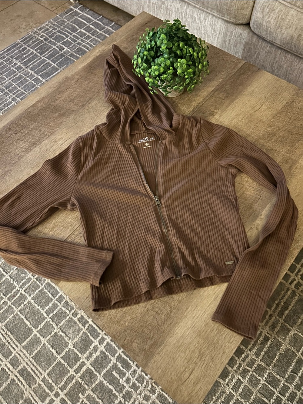 Hollister Brown Ribbed Zip-Up Hoodie